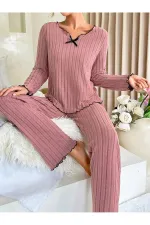 Seasonal Black Cotton Bow Detailed Pajama Set