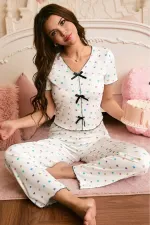 Romantik Kalp Baskılı Siyah Fiyonklu Kısa Kollu Pijama Takımı