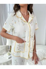 Floral Printed Pocket Detailed Buttoned Casual Pajama Set