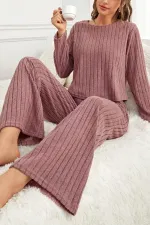 Gül Kurusu Pamuklu Fitilli Uzun Pijama Takımı