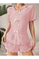 V-Neck Dusty Pink Cotton Bow Detailed Pajama Set