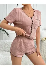 Gül Kurusu Pamuklu Özel Örme Kumaş Pijama Takımı
