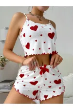 Cotton Rope Strap Heart Patterned Pajama Set
