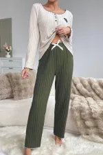 Embroidered Green Cotton Heart Detailed Pajama Set