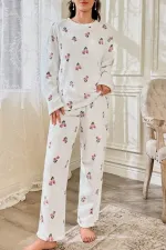 Çiçek Desenli Fitilli Pamuklu Uzun Pijama Takımı