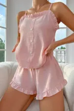 Toz Pembe Süs Düğmeli Fırfırlı Şortlu Pijama Takımı
