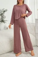 Gül Kurusu Pamuklu Fitilli Uzun Pijama Takımı