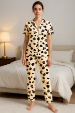 Ensemble pyjama d'été boutonné à imprimé léopard
