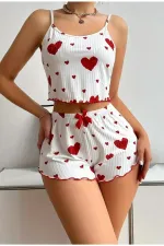 Cotton Rope Strap Heart Patterned Pajama Set