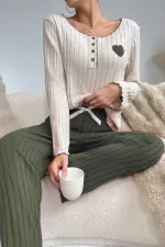 Embroidered Green Cotton Heart Detailed Pajama Set