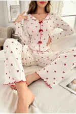 Pamuklu Kiraz Desenli Mevsimlik Pijama Takımı