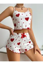 Cotton Rope Strap Heart Patterned Pajama Set