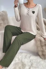 Embroidered Green Cotton Heart Detailed Pajama Set