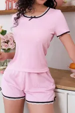 Jacquard Pembe Dantel Detaylı Şortlu Pijama Takımı