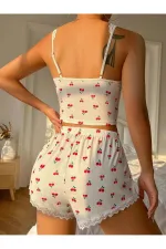 Kiraz Desenli Dantelli Önü Bağcıklı Üst ve Şort Pijama Takımı
