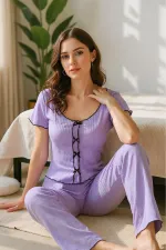 Ensemble de pyjama à manches courtes en coton lilas avec nœud détaillé
