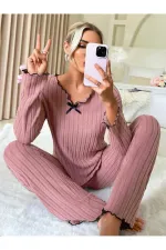 Seasonal Black Cotton Bow Detailed Pajama Set