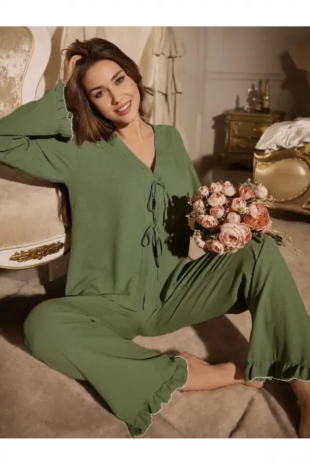 Green Front Tie Long Pajama Set