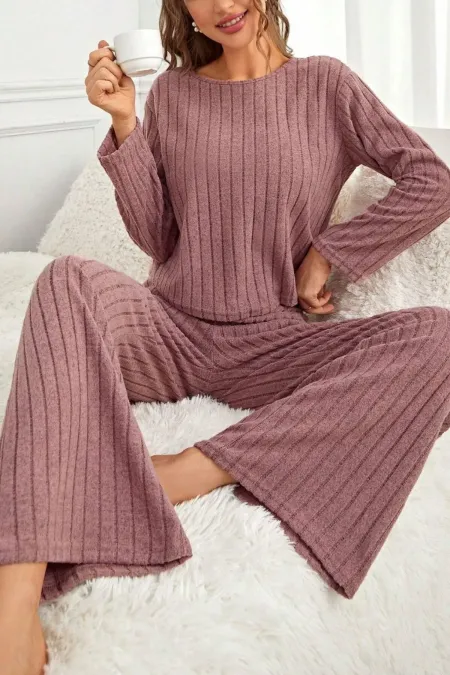 Dusty Rose Cotton Ribbed Long Pajama Set