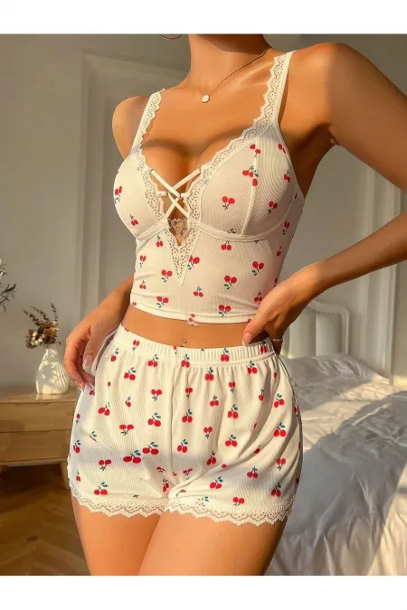 Cherry Patterned Lace Front Laced Top and Shorts Pajama Set