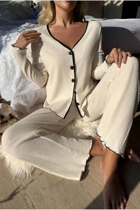 V-Neck Buttoned Long Pajama Set