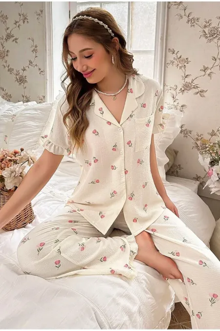 Floral Printed Ruffle Long Pajama Set
