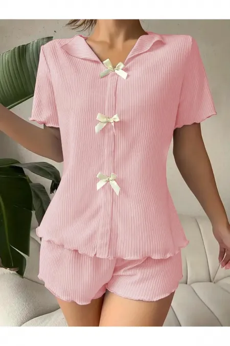V-Neck Dusty Pink Cotton Bow Detailed Pajama Set