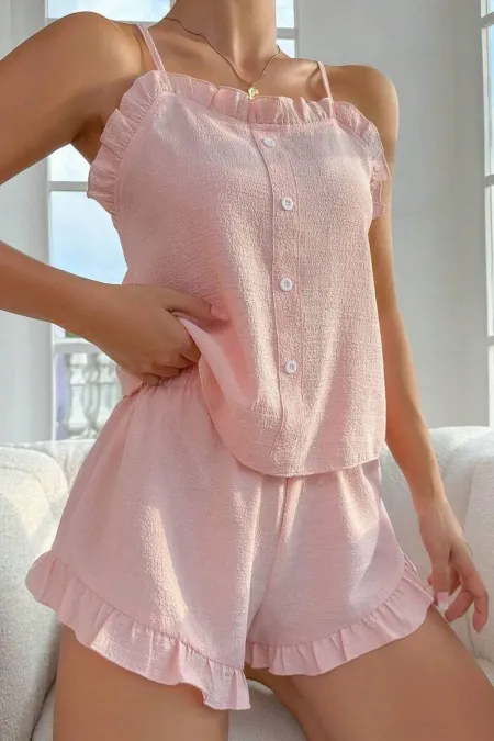 Toz Pembe Süs Düğmeli Fırfırlı Şortlu Pijama Takımı
