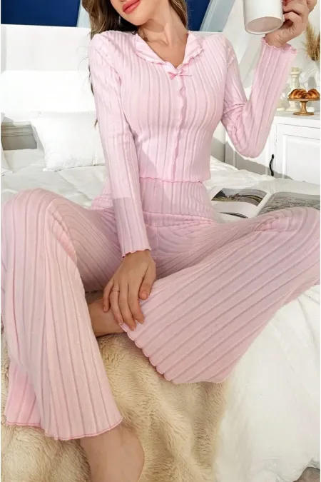 Pink Soft Cotton Bow Detailed Long Pajama Set