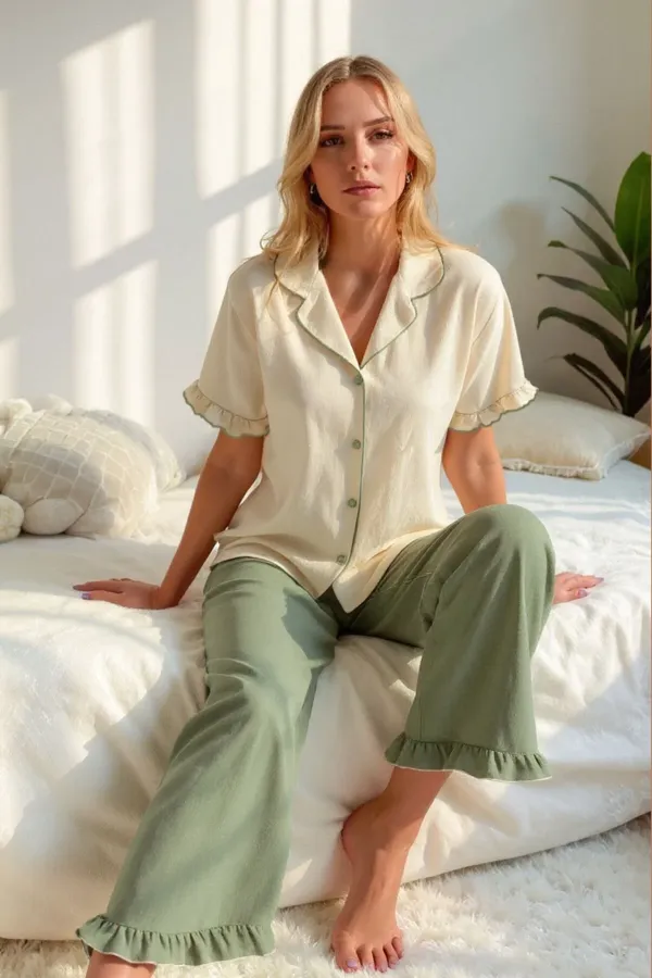 Short Sleeve Bow Detailed Buttoned Pajama Set