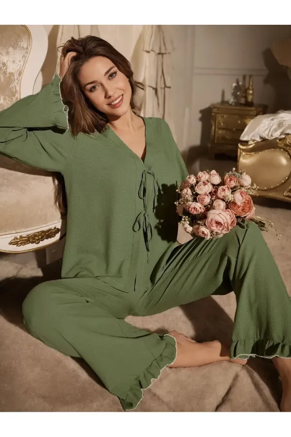 Green Front Tie Long Pajama Set