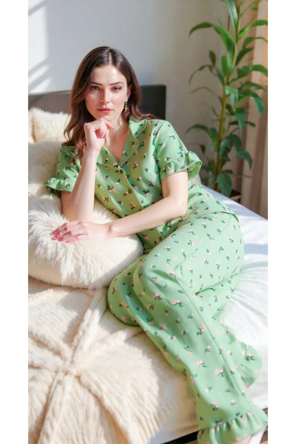 Kadın Yeşil Yaz Esintili Floral Pijama Takımı