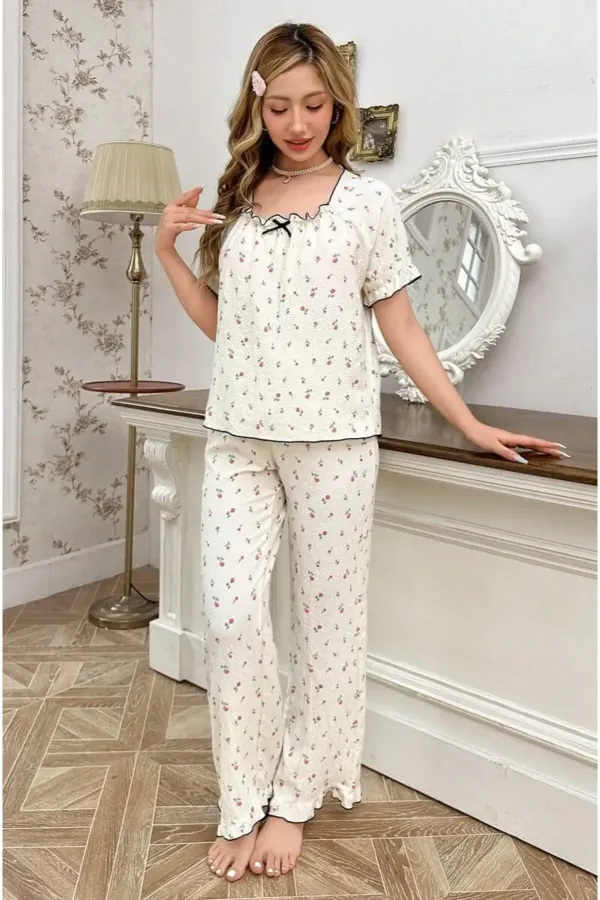 Retro Floral Patterned Bow Detailed Pajama Set