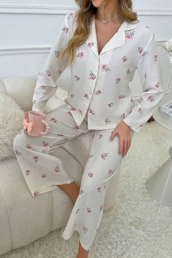 Women's Ecru Floral Printed Winter Long Pajama Set