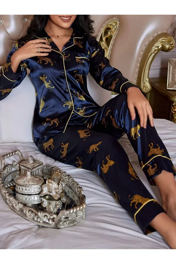 Leopar Desenli Baskılı Uzun Pijama Takımı
