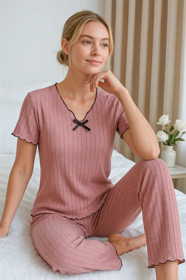 Ensemble pyjama à manches courtes en coton rose poudré