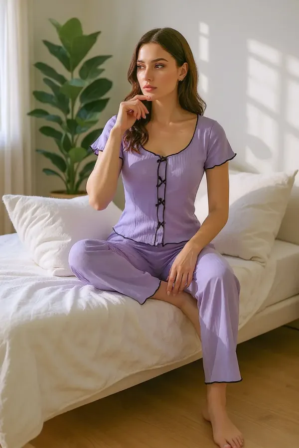Ensemble de pyjama à manches courtes en coton lilas avec nœud détaillé