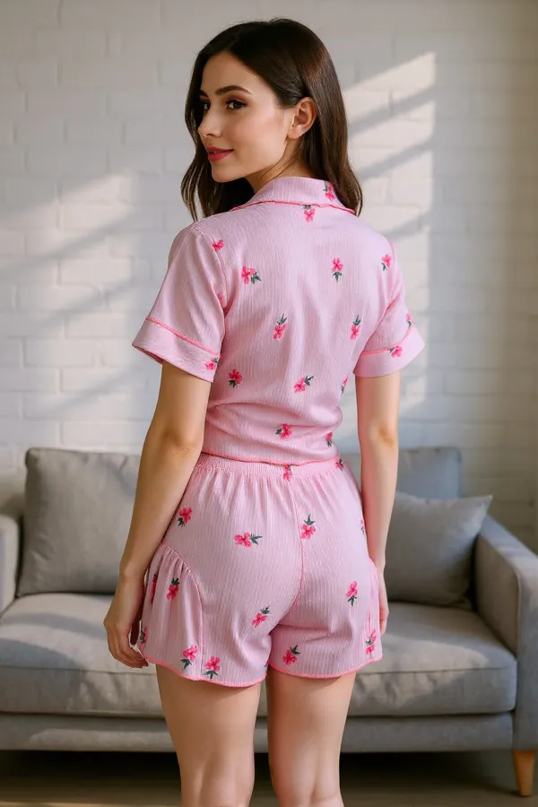 Pink Floral Patterned Buttoned Summer Pajama Set