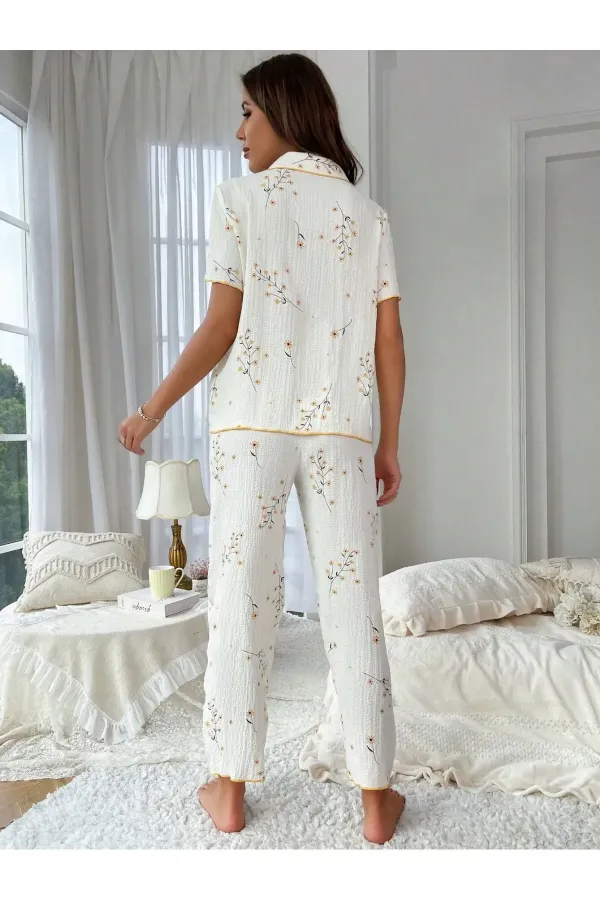 Floral Printed Pocket Detailed Buttoned Casual Pajama Set