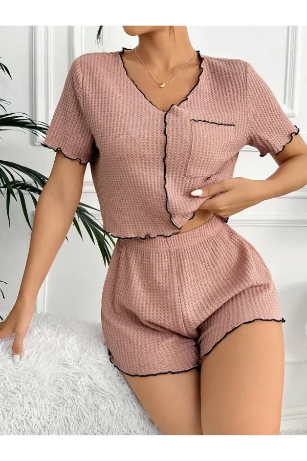 Gül Kurusu Pamuklu Özel Örme Kumaş Pijama Takımı