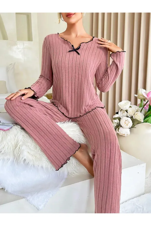 Seasonal Black Cotton Bow Detailed Pajama Set