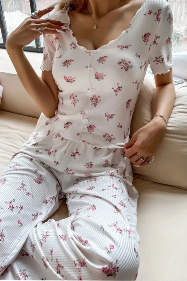Ecru Floral Printed Decorative Buttoned Summer Pajama Set