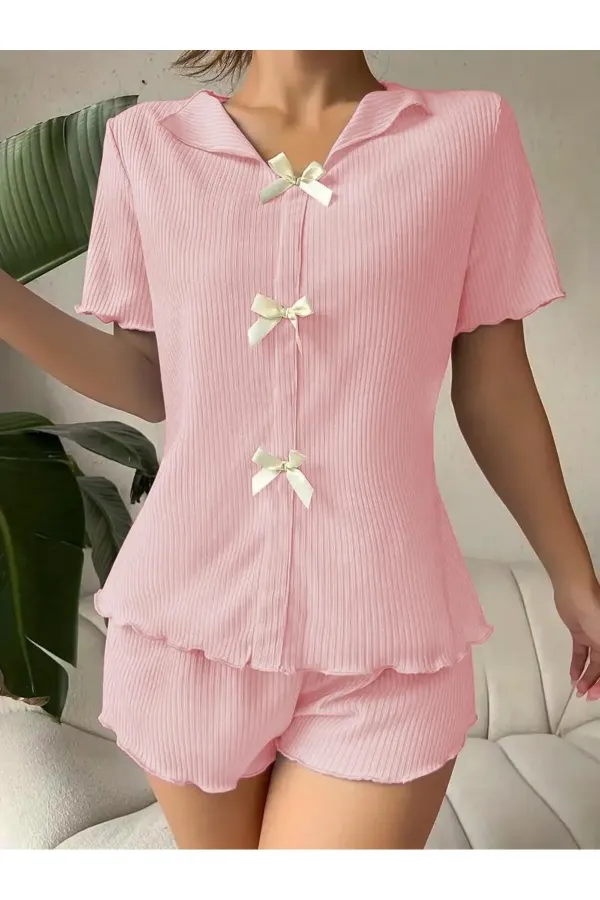 V-Neck Dusty Pink Cotton Bow Detailed Pajama Set