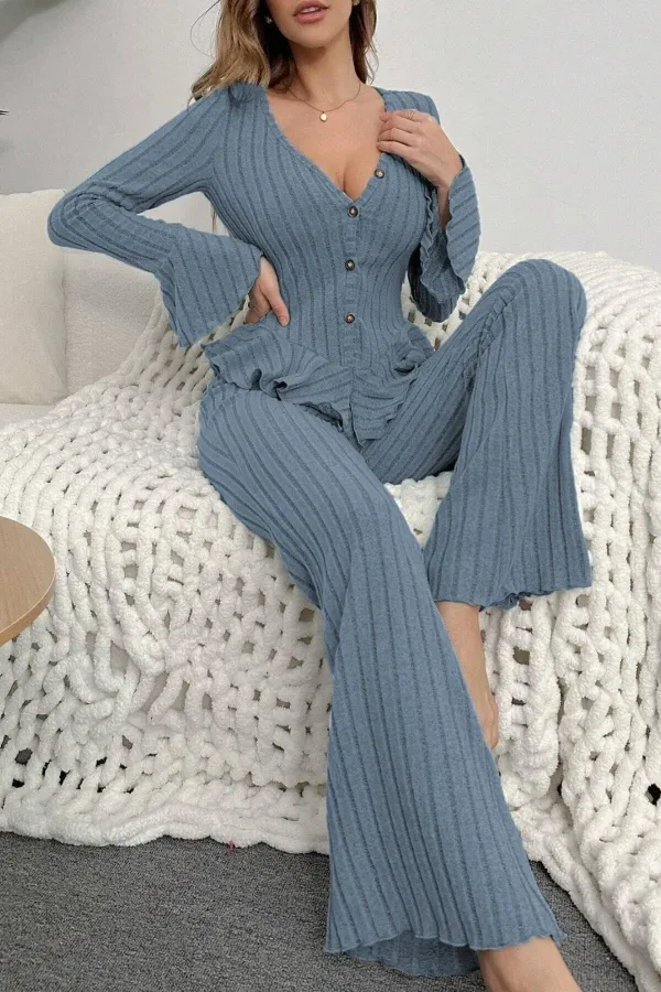 V-Neck Indigo Spanish Sleeve Cotton Pajama Set