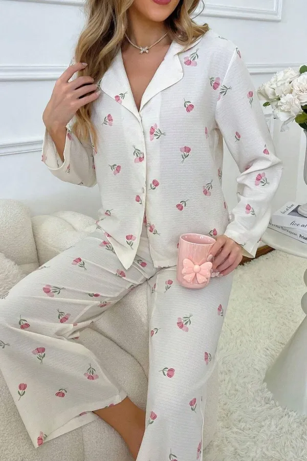 Women's Ecru Floral Printed Winter Long Pajama Set