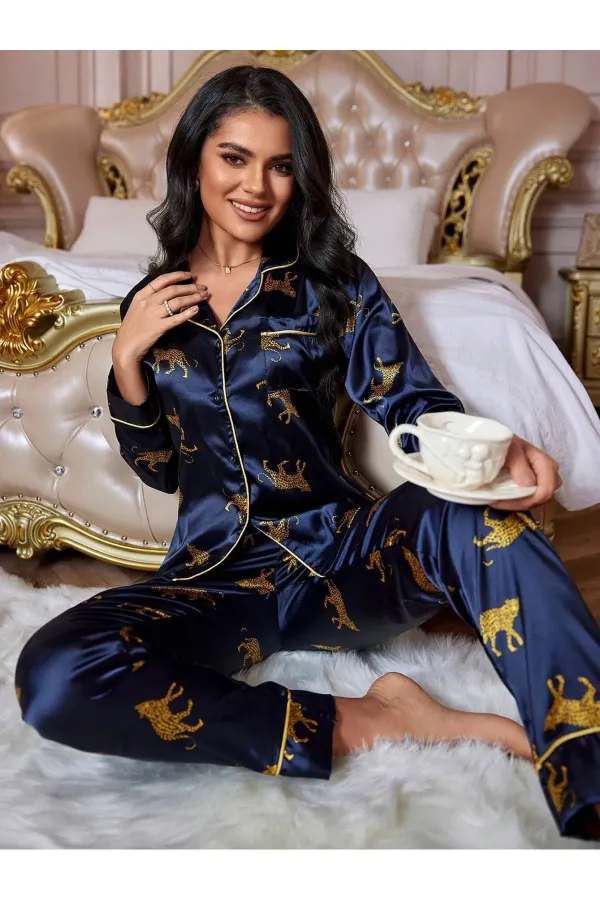 Leopar Desenli Baskılı Uzun Pijama Takımı