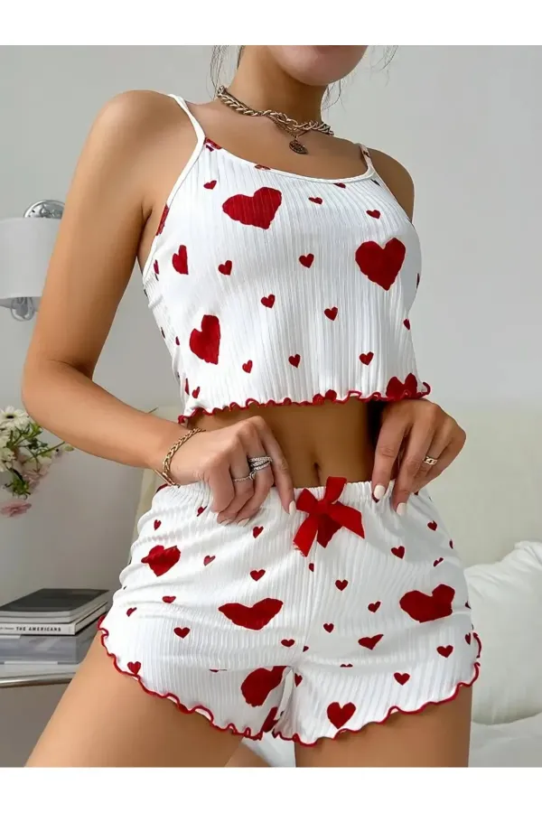 Cotton Rope Strap Heart Patterned Pajama Set