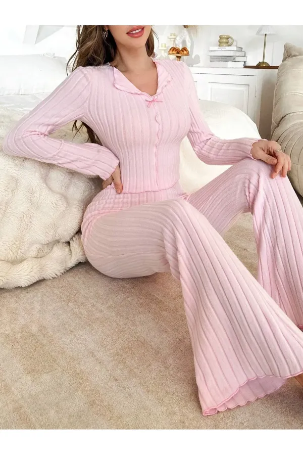 Pink Soft Cotton Bow Detailed Long Pajama Set