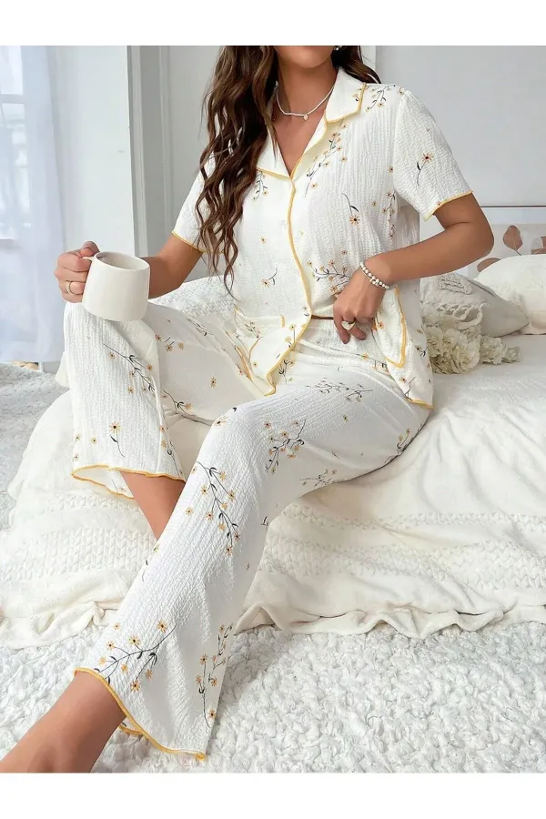 Floral Printed Pocket Detailed Buttoned Casual Pajama Set