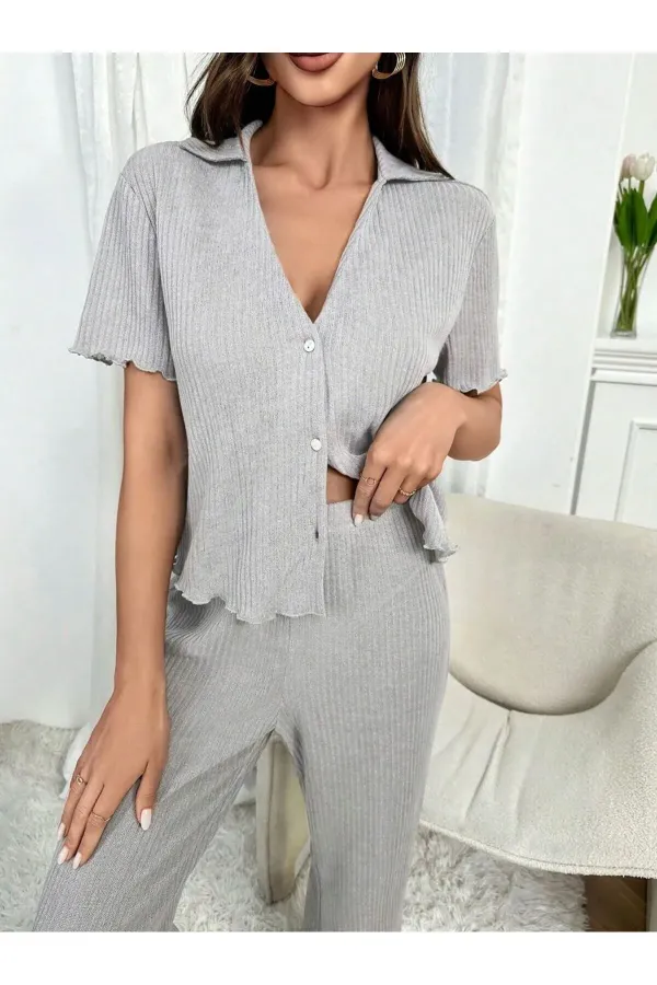 V Yaka Pamuklu Kısa Kollu Mevsimlik Pijama Takımı